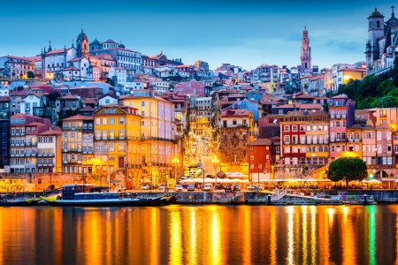 Porto, Portugal old city skyline from across the Douro River.